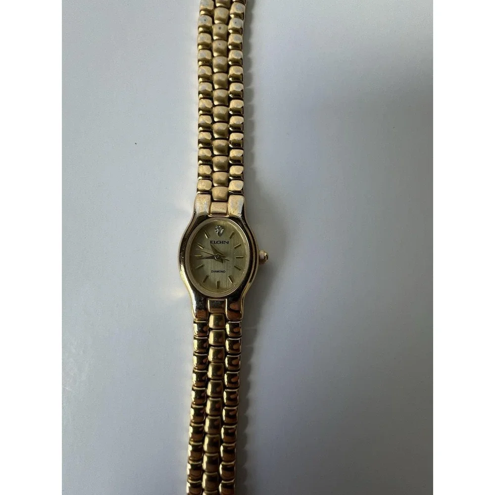 Elgin Watch Womens Gold Tone Diamond Accent 16mm Oval Dial